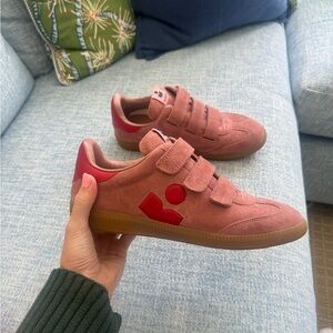 Worn ONCE like new Isabel Marant Pink Suede Velcro Sneakers with Red Accent